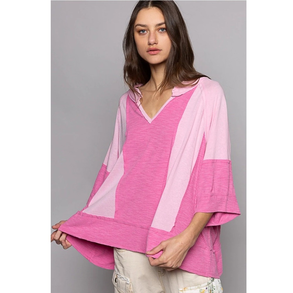 POL Pink Colorblock Oversized V-Neck Top Ribbed Raw Seam Boho FKT1058B L